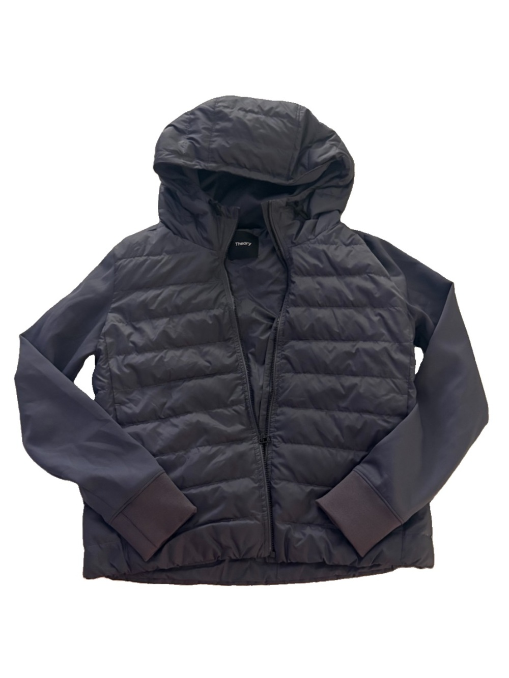 Theory Women’s Navy Combo Puffer Knit Tech Jacket Quilted w Hood & Pockets